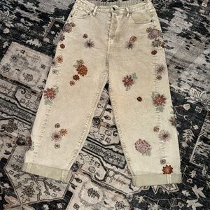 Oh Beige Floral Embroidered Boyfriend Jeans